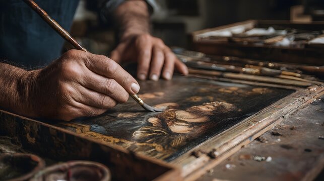 Artist restoring an old painting with a brush focusing on the details of the artwork closely