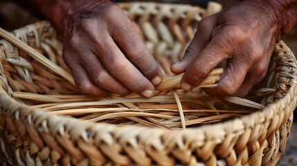A craftsman weaving a basket with weathered hands and natural materials close up detailed view