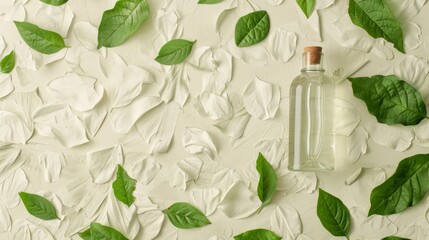 Obraz premium A bottle of essential oil surrounded by fresh eucalyptus leaves