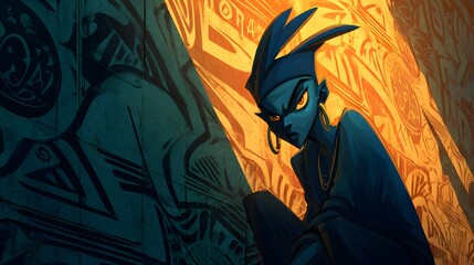 Mysterious blue character with piercing eyes and ornate earrings, posed against walls with unique graffiti-like designs. Artistic and captivating.