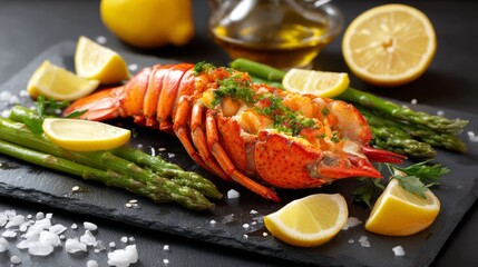 Vibrant Orange Lobster with Fresh Asparagus and Lemon Slices