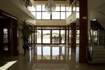 Grand Modern Entryway with High Ceilings and Elegant Chandelier