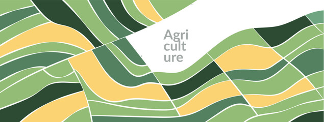Abstract vector illustration of countryside with green grasslands, vineyards, wheat fields. Summer scenery, eco-friendly agriculture, panoramic view of a rural farm, flat valley in modern design