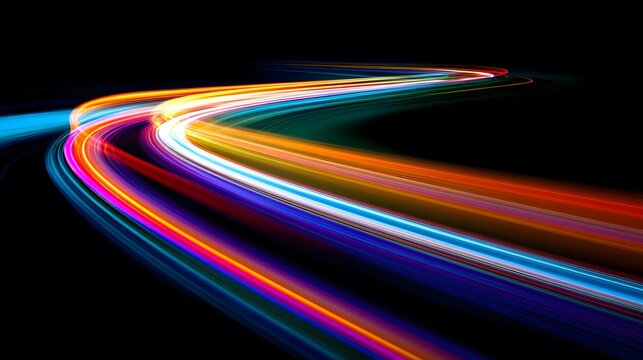 A vivid display of light painting against a dark background, capturing motion and energy with vibrant colored streaks moving across the frame.