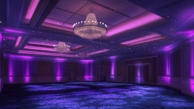 Elegant ballroom bathed in vibrant purple light, featuring a crystal chandelier and patterned floor.  Detailed interior with pillars and crown molding