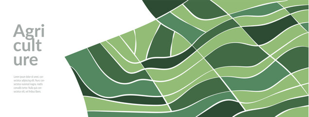 Aerial illustration of farm with green rice field, tea crops, patchwork terraces. Abstract geometric pattern, organic shape. Eco-friendly design. Agriculture, nature, summer landscape in vibrant color
