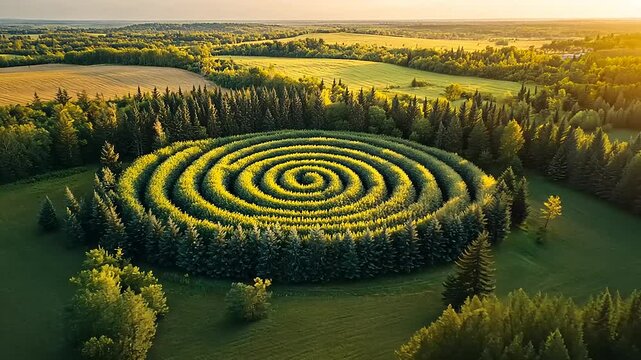 Spiral field of crops and trees