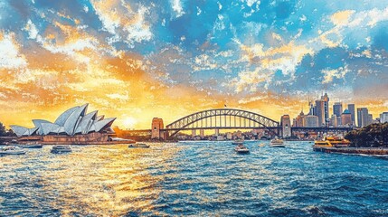 Sydney Harbour With Opera House and Harbour Bridge Under Cloudy Sky at Sunrise