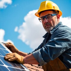 A working man in overalls and a protective helmet installs solar panels on residential buildings. An alternative energy source.