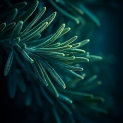 closeup of fresh rosemary sprigs with needlelike texture, deep green color, macro herb photography