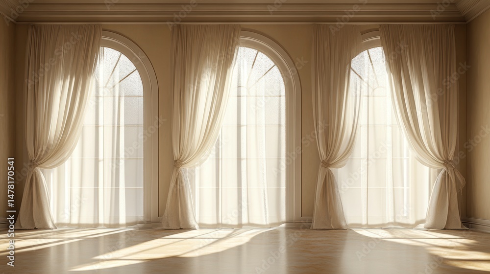 Poster sunlit interior with three arched windows draped in sheer curtains.