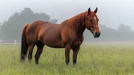 Obraz premium Chestnut Horse in Misty Field: A majestic chestnut horse stands serenely in a misty field, its rich coat contrasting beautifully with the soft green grass.