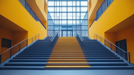 Modern interior architecture featuring bold yellow stairs and glass facade