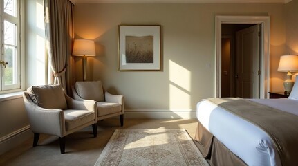 Calm guest suite, sitting area, plush armchair, soft rug, muted tones, bedside table, lamp, artwork, open doorway,  spacious, suite