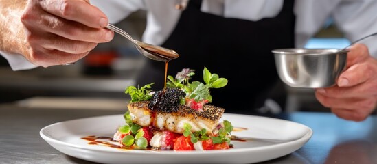 Chef Drizzling Sauce Over Beautifully Plated Fresh Fish Dish