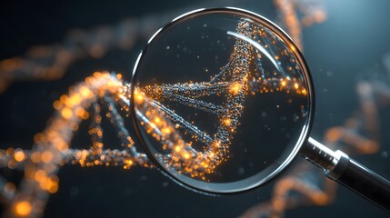 Magnifying glass inspecting a luminous DNA double helix.  Symbolizes genetic research, healthcare, and scientific advancement.