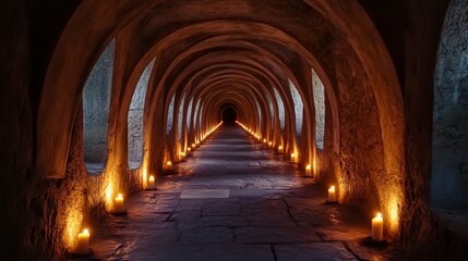 Obraz premium Long, dimly lit stone corridor with arched ceilings and candles.