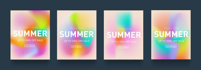 Summer Gradient Design. Set Fluid Texture with Pink, Orange, Yellow Colors. Background Retro Art for Advertising, Web, Social Media, Poster, Banner, Cover. Vector Illustration