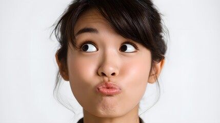 Playful Portrait: A young woman with dark hair is seen close-up making a funny face with pursed lips and wide eyes looking askance.