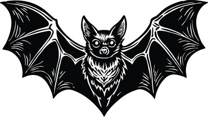 A cute black and white cartoon bat silhouette with wings, like a feline night animal, evokes a funny Halloween illustration