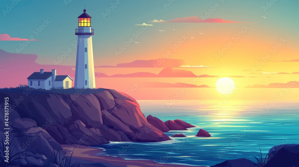 Poster sunset over ocean with lighthouse on cliff. (1)