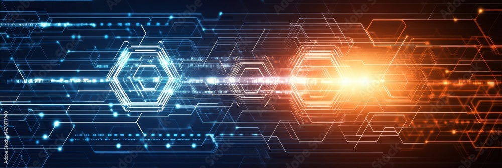 Poster abstract technological background with hexagonal elements and white lines on a dark blue background,