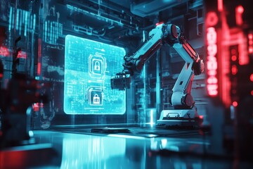 Cybersecurity: Robotic Arm Interacting with Futuristic Digital Lock Interface