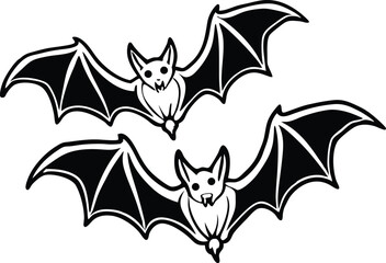 A cute black cartoon bat vector illustration, a happy mammal with a funny smile and tail, on a white background for a Halloween or horror design