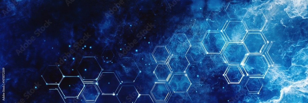 Poster blue technological background with white hexagons and circuit lines, dark blue background with white