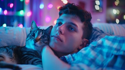 Serene Cat Nap: A peaceful tabby cat enjoys a tranquil moment of sleep, basking in a colorful, bokeh-filled atmosphere of gentle hues, capturing the essence of relaxation and calm.
