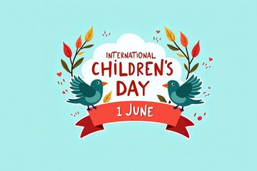 ：A cheerful International Children's Day design with the text "INTERNATIONAL CHILDREN'S DAY 1 JUNE" decorated with birds and autumn leaves, perfect for celebrating Children's Day.
