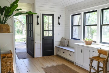 Elegant Mudroom with Built-in Storage and Cozy Seating Arrangement