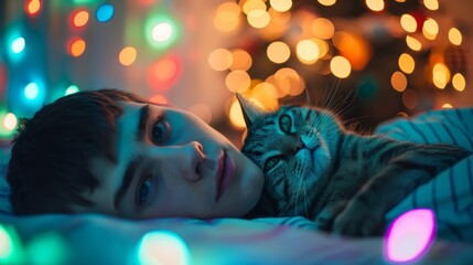 Serene Cat Nap: A peaceful tabby cat enjoys a tranquil moment of sleep, basking in a colorful, bokeh-filled atmosphere of gentle hues, capturing the essence of relaxation and calm.