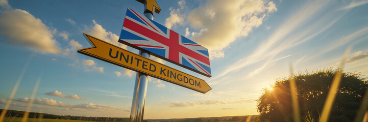 on the pole there is a direction arrow with the inscription United Kingdom against the background of a picturesque summer landscape