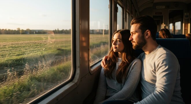 A couple enjoys a scenic train ride, gazing out the window at the beautiful countryside scenery.
