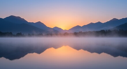 Obraz premium Mountain Sunrise Over Calm Lake