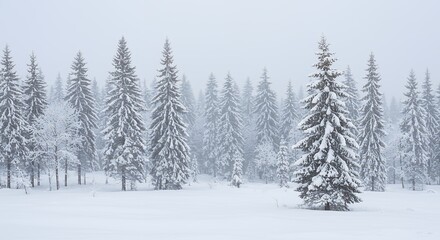 Naklejka premium Snowy Forest Scene with Evergreen Trees