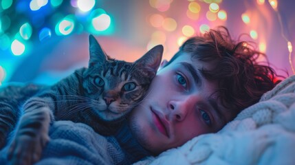 Serene Cat Nap: A peaceful tabby cat enjoys a tranquil moment of sleep, basking in a colorful, bokeh-filled atmosphere of gentle hues, capturing the essence of relaxation and calm.