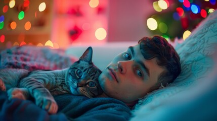Serene Cat Nap: A peaceful tabby cat enjoys a tranquil moment of sleep, basking in a colorful, bokeh-filled atmosphere of gentle hues, capturing the essence of relaxation and calm.