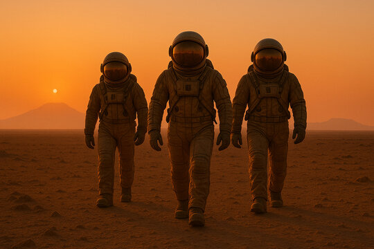 Trois astronautes marchant sur Mars avec le Soleil couchant dans le dos.