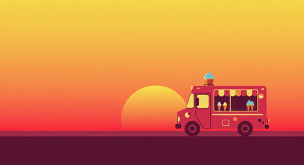 Naklejka premium Ice cream truck silhouette against vibrant sunset gradient background. Minimalist illustration with large sun and pink truck. Summer treat. Flat design with warm color. Food truck business theme.