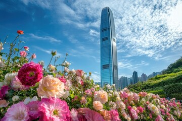 Tall Skyscraper in Hong Kong Scenery with Roses against a Blue Sky Perspective