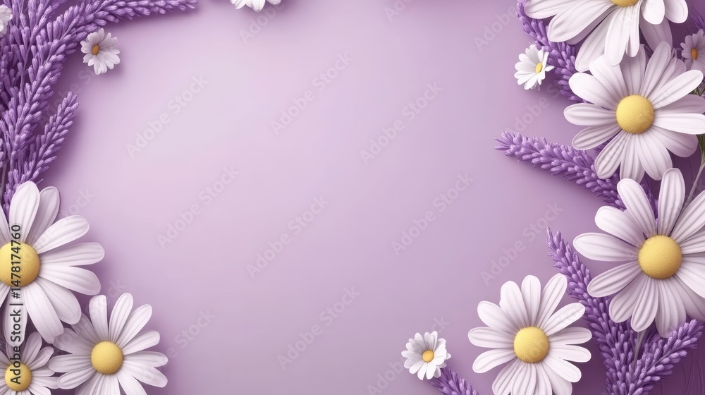 Poster Purple background with 3D daisies and lavender forming a frame.