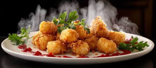 Culinary Masterpiece on Plate with Flavorful Appetizers and Garnish