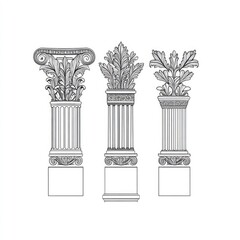 Obraz premium Three Antique Column Line Drawing on White Background, Classic Architecture