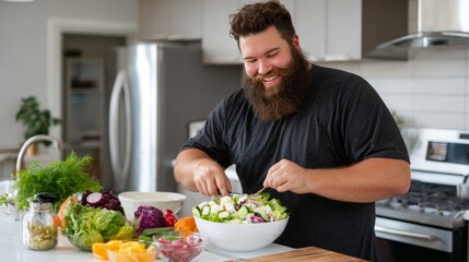 Fototapeta premium Happy Man Preparing Fresh Salad in Modern Kitchen