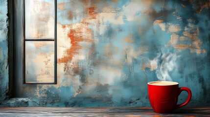 Morning Brew in Cozy Nook: A steaming cup of coffee rests invitingly on a weathered wooden surface against a backdrop of an aged wall and window, evoking a sense of warmth and tranquility.
