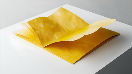 Open gold book,  smooth,  flowing pages,  yellow,  abstract,  modern,  design,  minimalist,  art,  object,  on, white,  surface