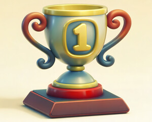 A cartoonish trophy with the number one on it sitting on a red and black square base design object