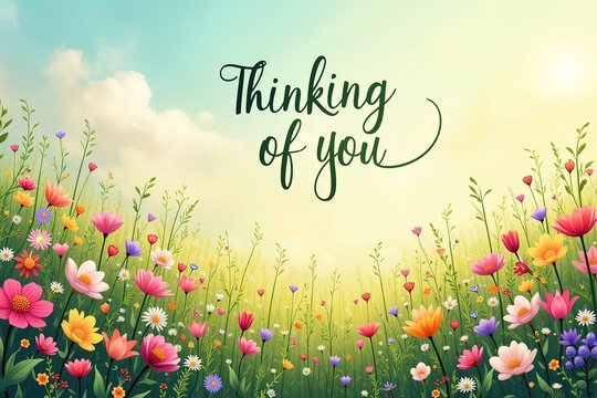 A colorful flower field under a blue sky with white clouds, featuring the text "Thinking of you". Ideal for expressing warm thoughts in greeting cards or personal messages.